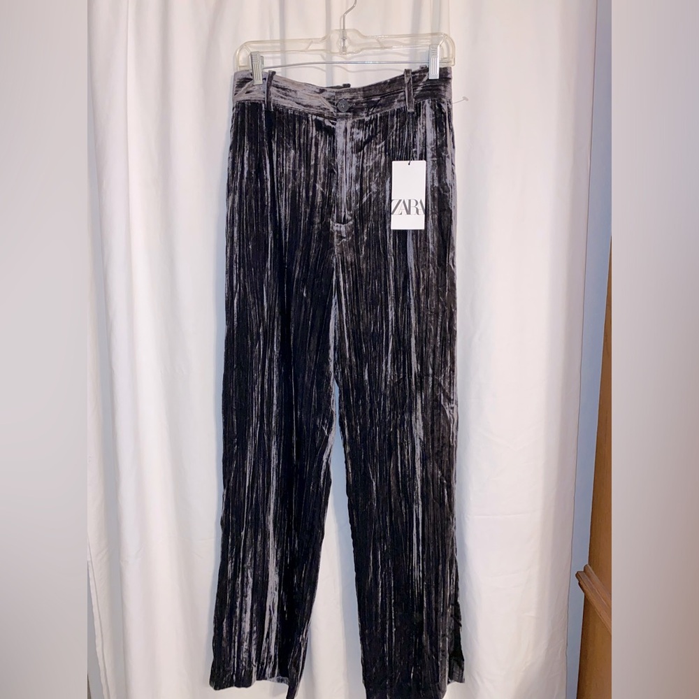 Zara High Rise Gunmetal Crushed Texture Velvet Loose Straight Leg Pants Sz S